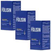Paquete de tres botellas de Folisin para un tratamiento capilar prolongado en hombres.