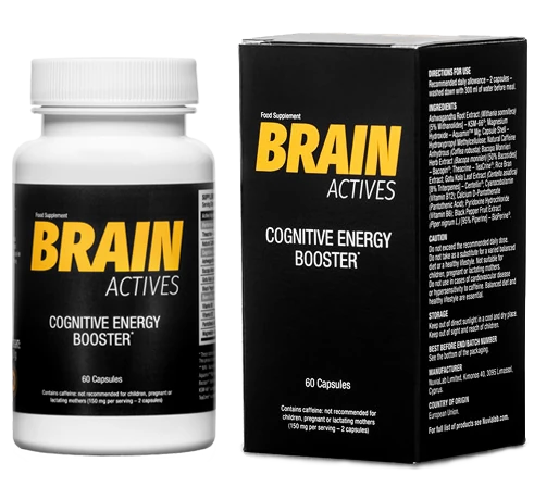 Envase de Brain Actives para potenciar la salud cerebral y el rendimiento