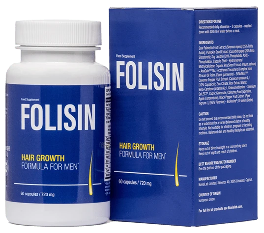 Envase de Folisin, el suplemento líder para el crecimiento y frenar la caída capilar en hombres.
