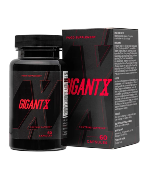 Envase del suplemento GigantX para la mejora del rendimiento masculino