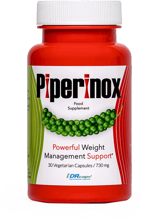 Envase del suplemento Piperinox, diseñado para la gestión de peso y quema de grasas.